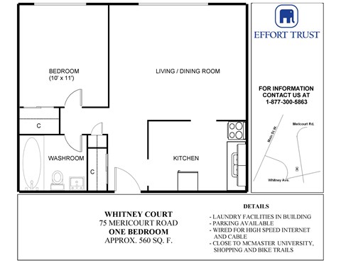 A floor plan for a property with a bedroom, living/dining room, kitchen, and washroom.